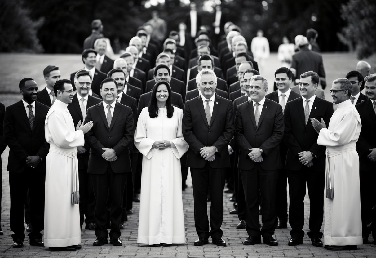 A group of figures standing in a line, some slightly elevated, with a central figure in the middle. The figures are arranged in a semi-formal manner, with a sense of celebration and unity