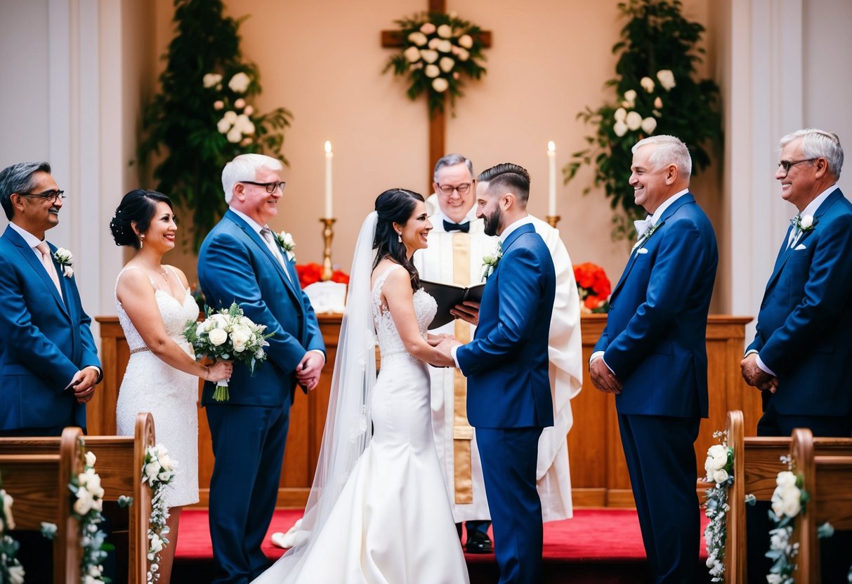 A bride and groom stand at the altar, flanked by their parents, as they exchange vows. The parents look on with pride and joy