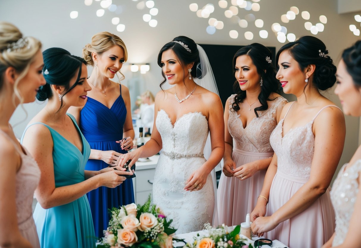 The mother of the bride helps the bride and bridesmaids prepare for the wedding, surrounded by dresses, makeup, and flowers