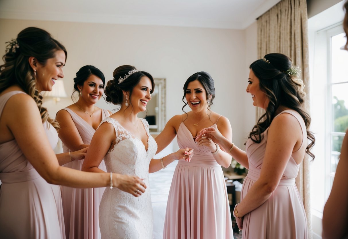 The mother of the bride helps the bride get ready with the bridesmaids, sharing in the excitement and preparations for the wedding day