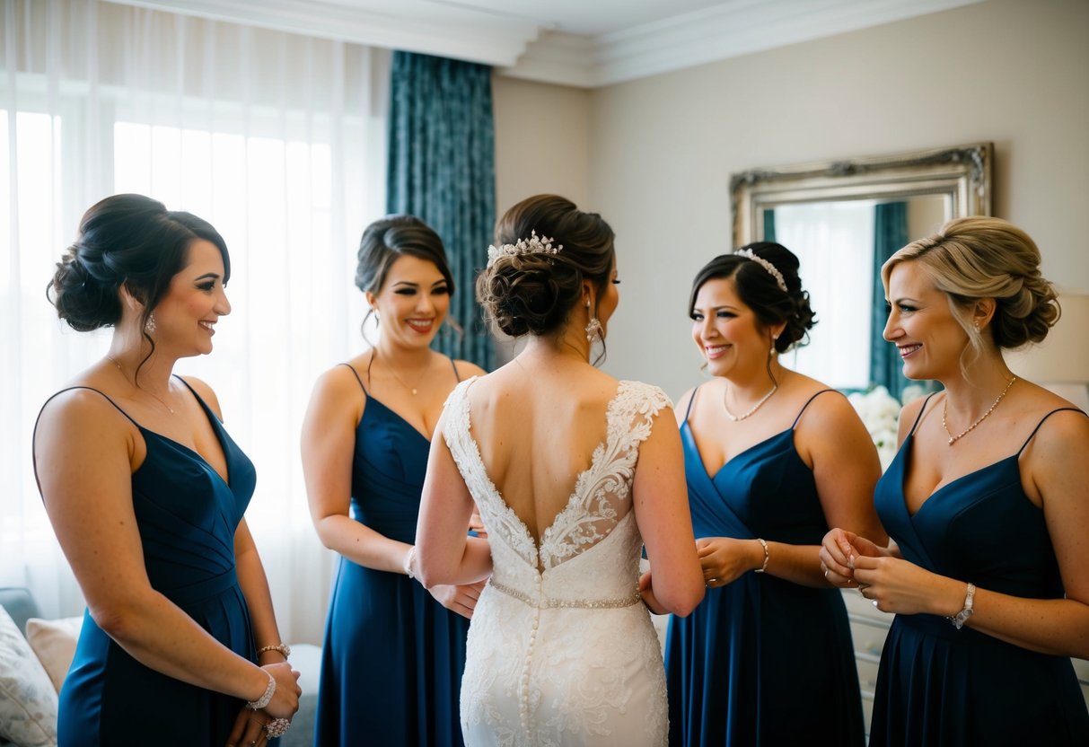 The mother of the bride helps the bridesmaids prepare while the bride gets ready with her closest friends