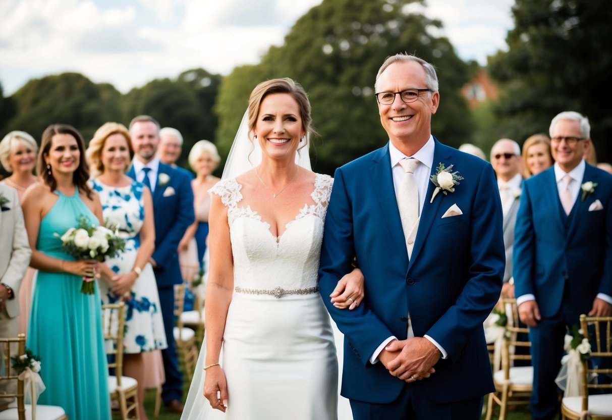 Parents stand side by side, smiling as they are introduced at a wedding. The bride and groom look on, surrounded by friends and family