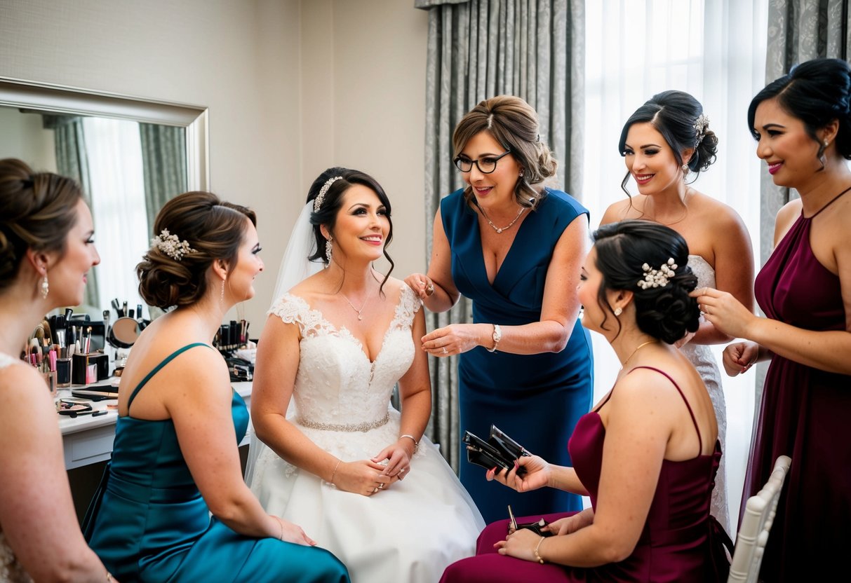 The mother of the bride helps the bride and bridesmaids get ready for the wedding, surrounded by makeup, hair accessories, and elegant dresses