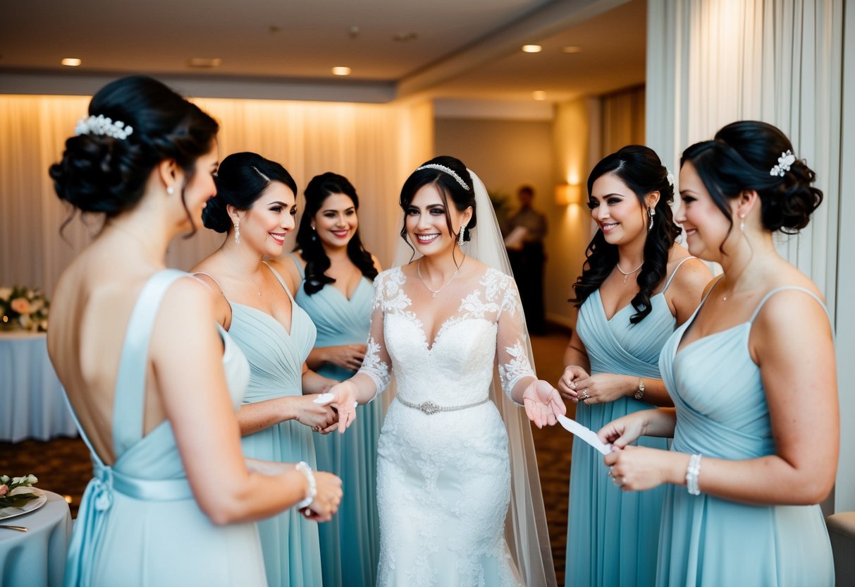 The mother of the bride helps the bridesmaids prepare for the ceremony and reception