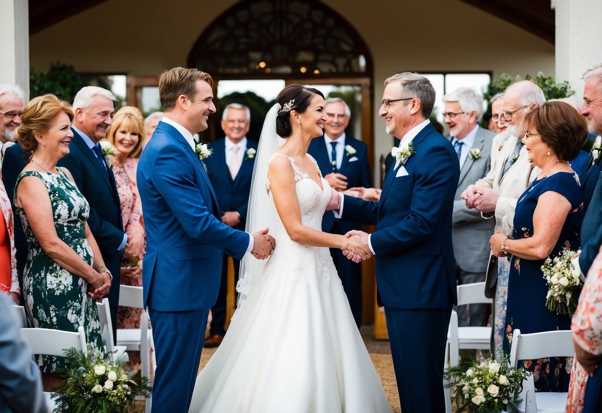 A bride and groom stand at the front of a wedding venue, surrounded by family and friends. The couple's parents are being introduced to each other, with smiles and handshakes exchanged