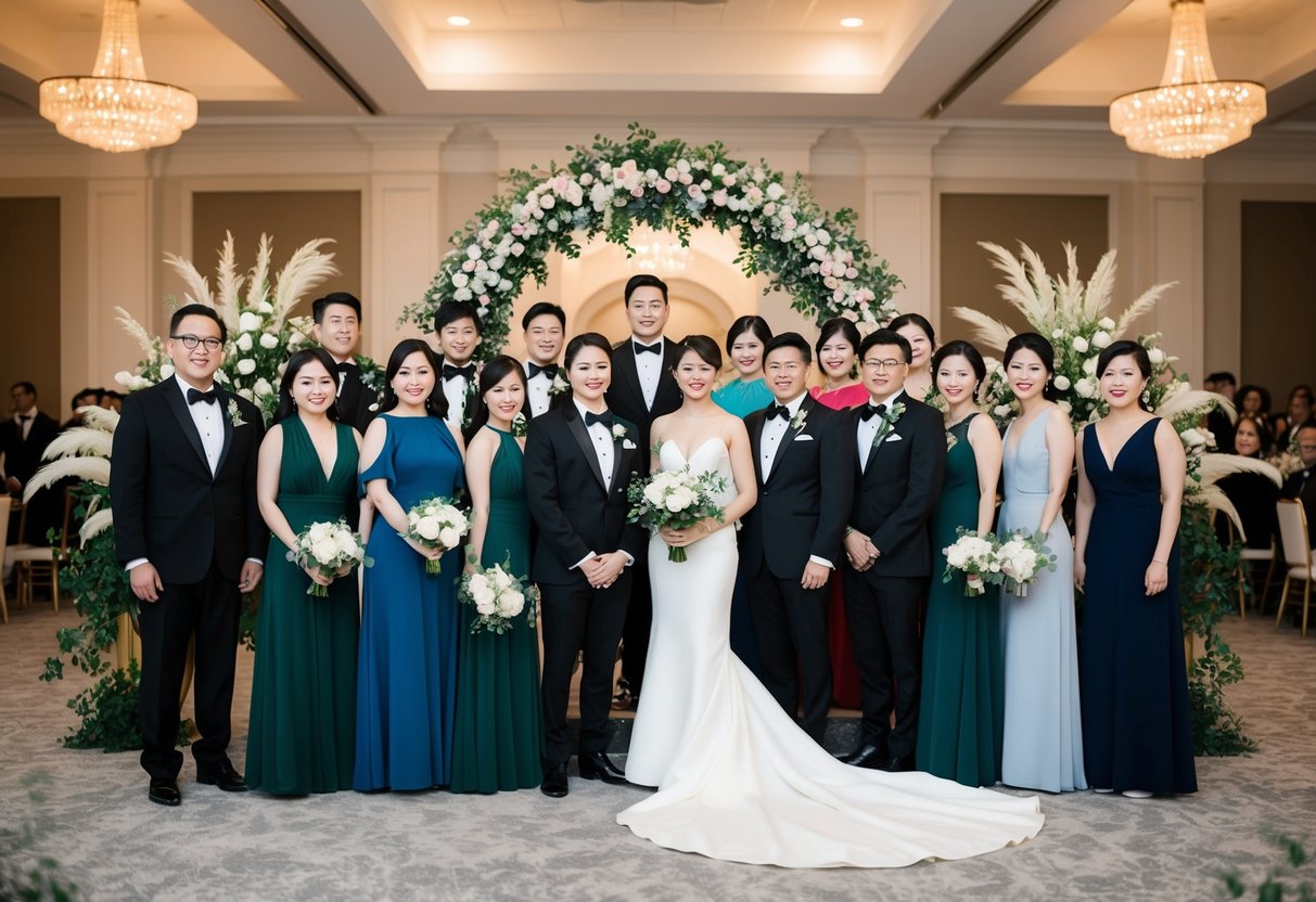 A group of elegantly dressed individuals gathered in a decorated venue, with floral arrangements and a ceremonial archway in the background