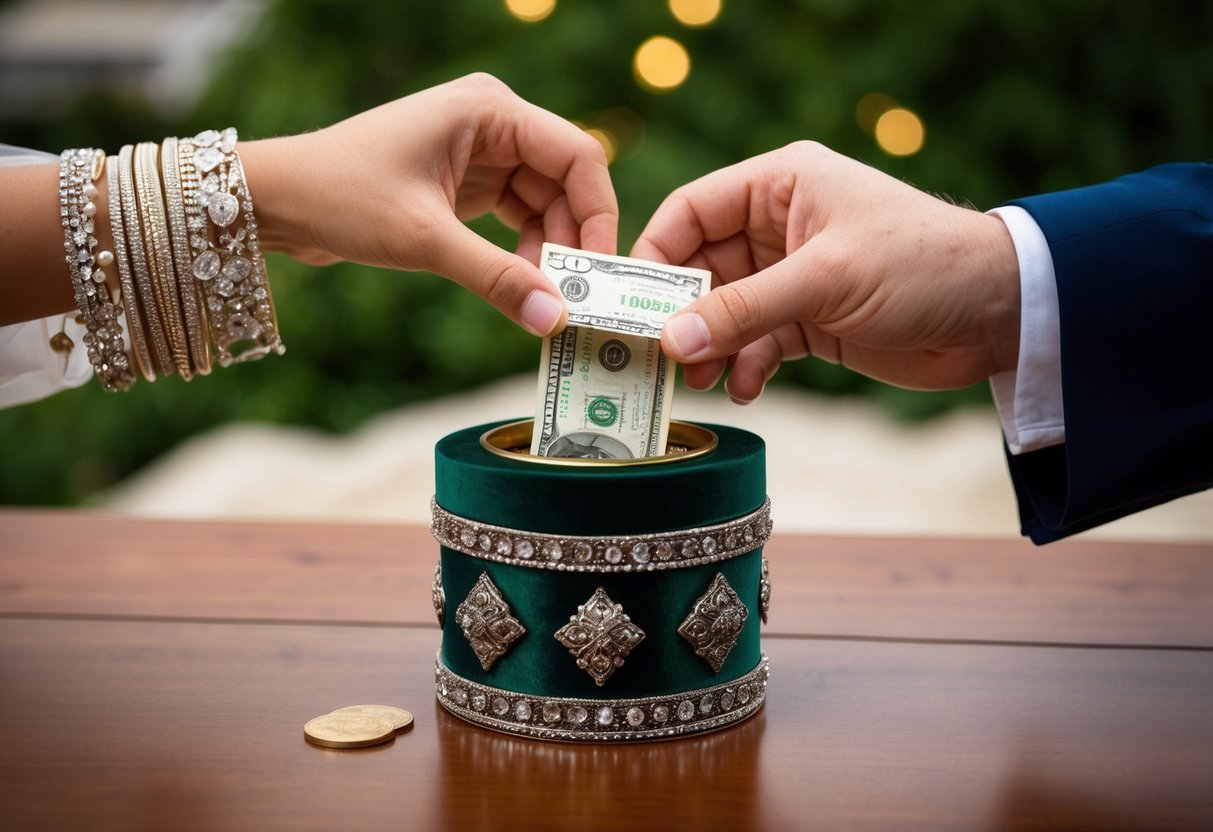 A couple placing money in a decorative wedding box
