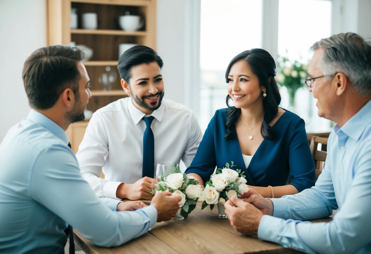 A couple discussing wedding finances with their parents at a dining table. The parents are sharing their thoughts and possibly offering financial support