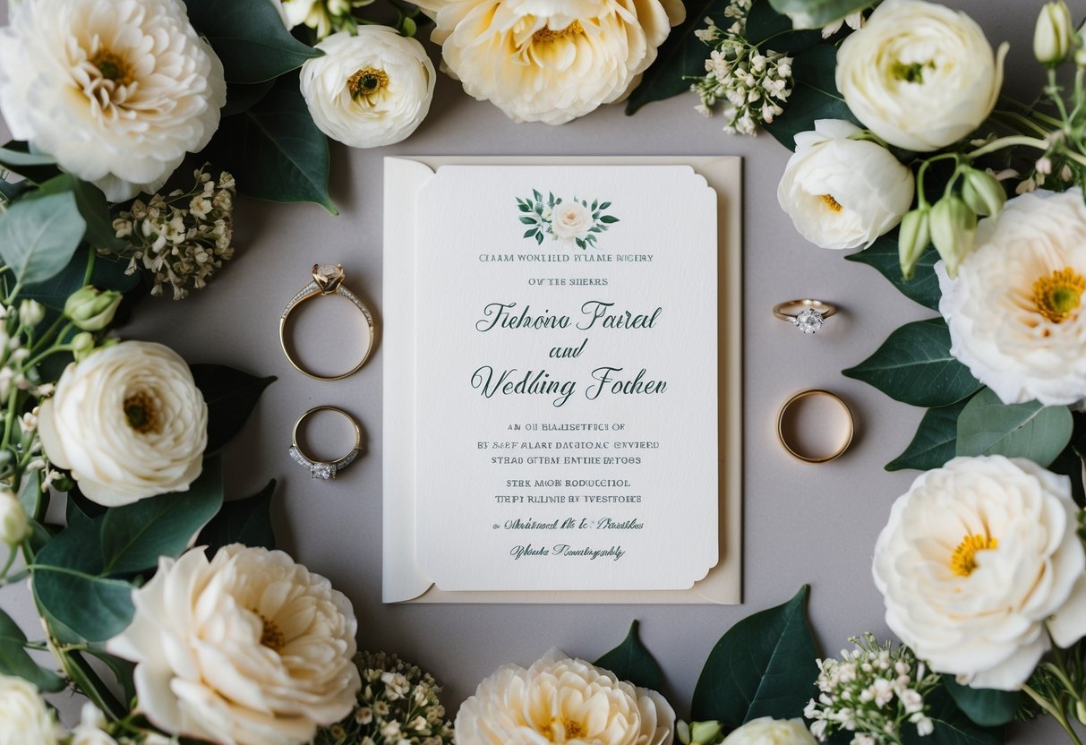 A wedding invitation surrounded by elegant floral arrangements and a pair of wedding rings
