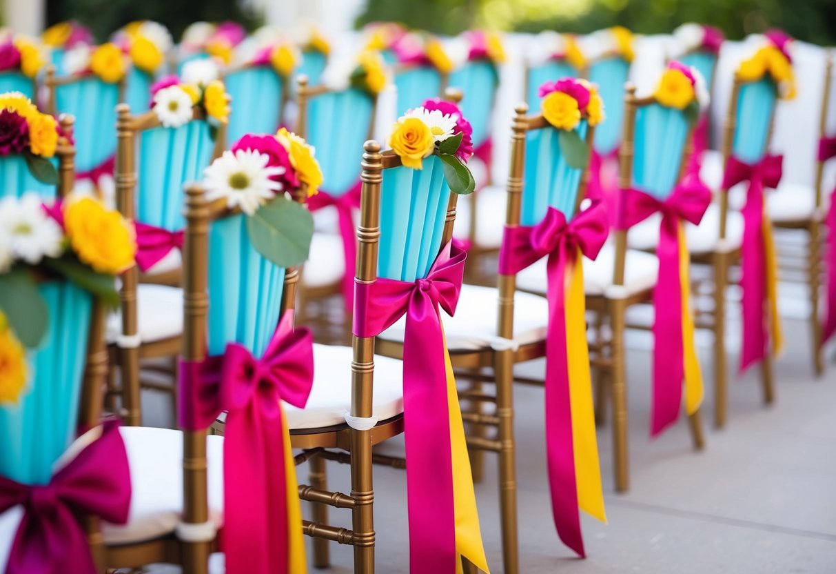 A group of small chairs arranged in rows, adorned with colorful ribbons and flowers, set up for children at a wedding reception