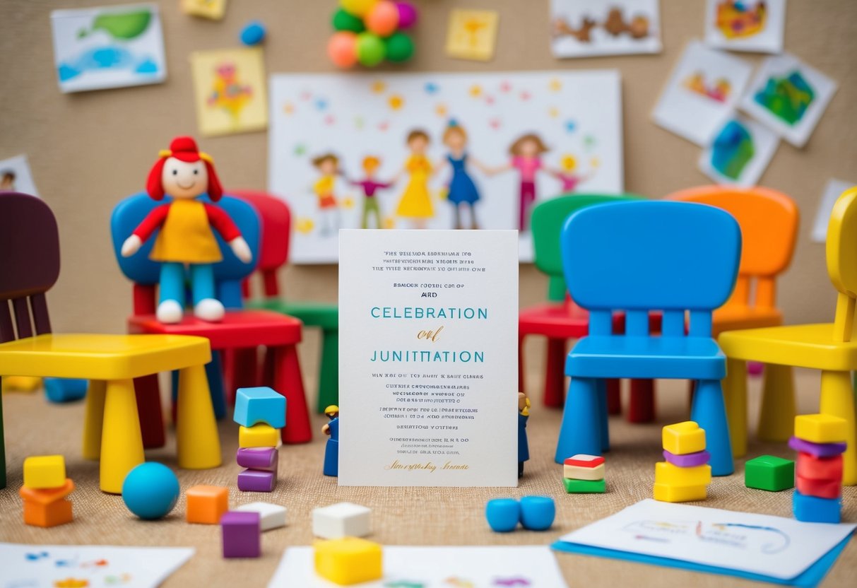 A wedding invitation surrounded by toys and children's drawings, with a mix of adult and child-sized chairs arranged for a celebration