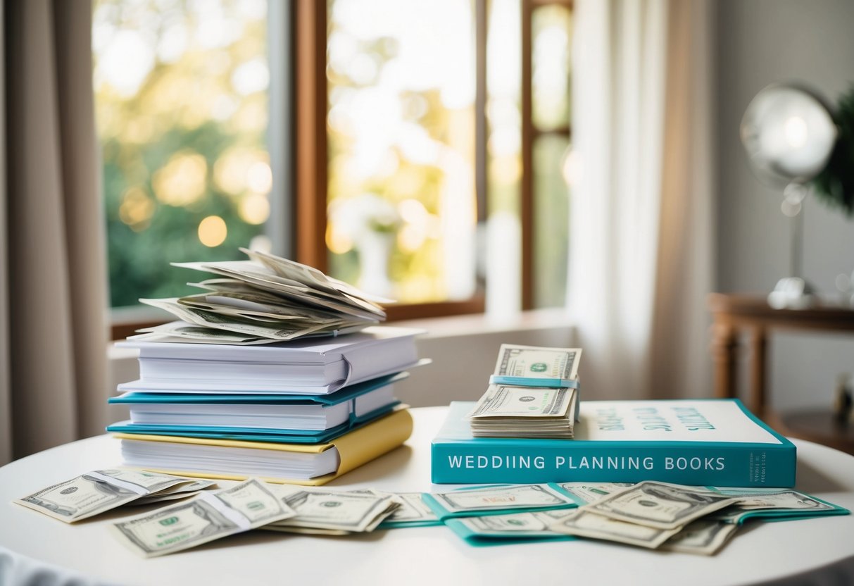 A table adorned with wedding planning books and a stack of envelopes filled with cash gifts from parents