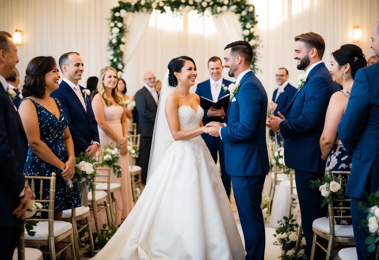 A joyous wedding ceremony with guests mingling, a decorated venue, and a beautiful bride and groom exchanging vows