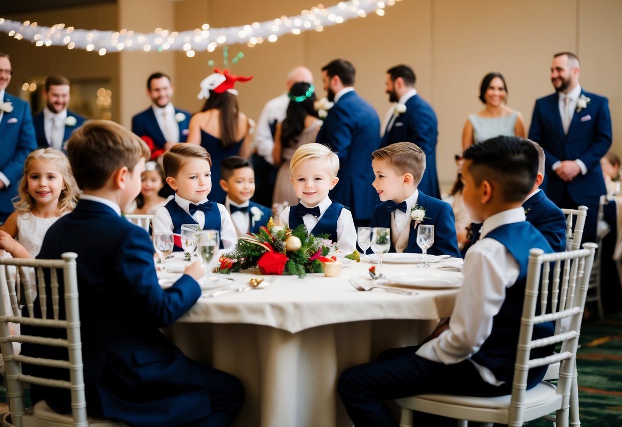 Children in formal attire sitting at a designated table with festive decorations, surrounded by other wedding guests