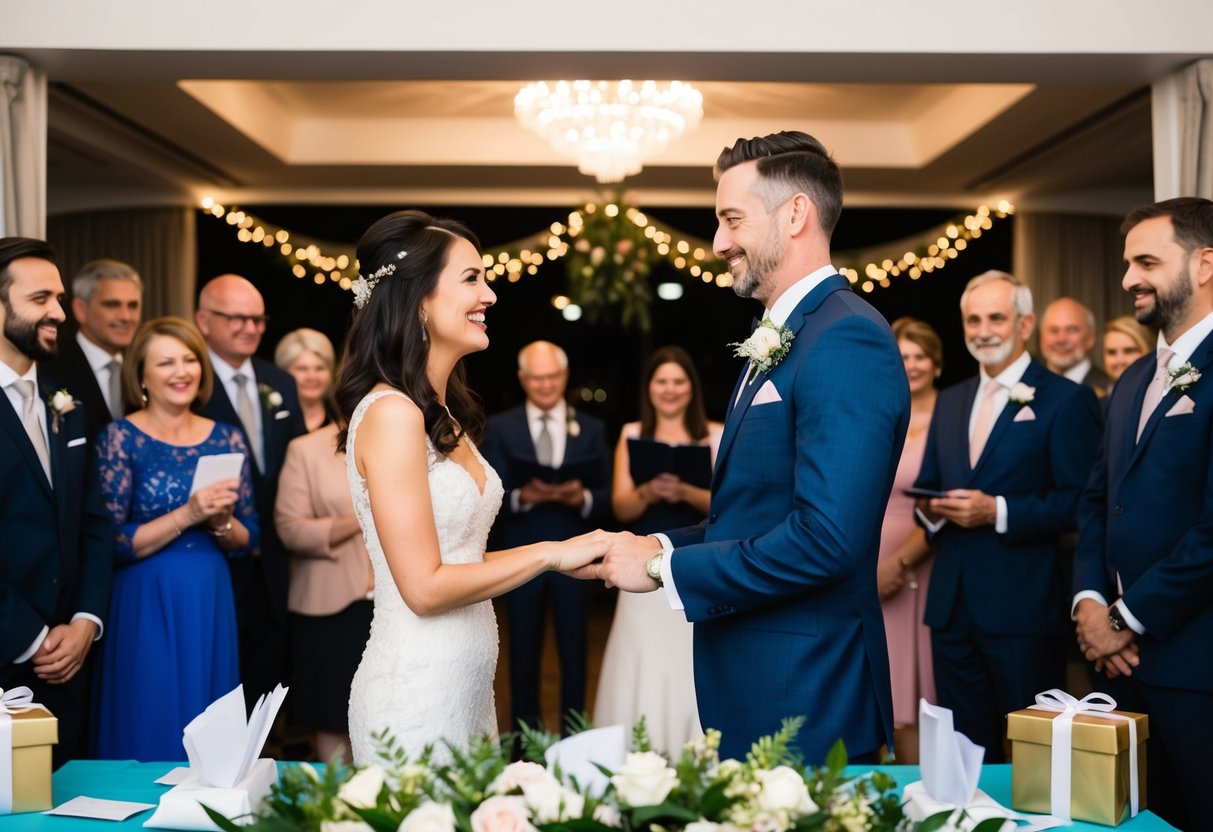 A couple exchanging vows in a decorated venue surrounded by family and friends, with a table filled with gifts and envelopes