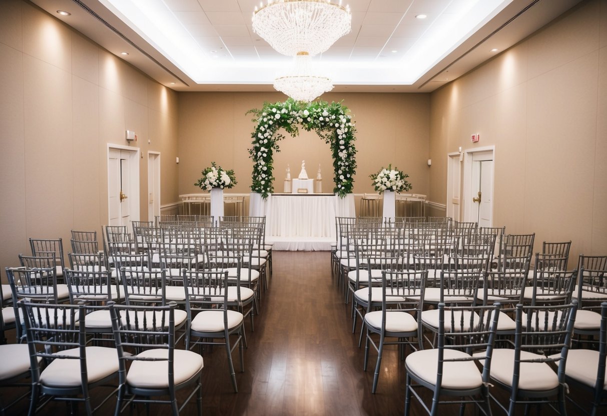 An empty wedding venue with an elegantly decorated altar and rows of empty chairs