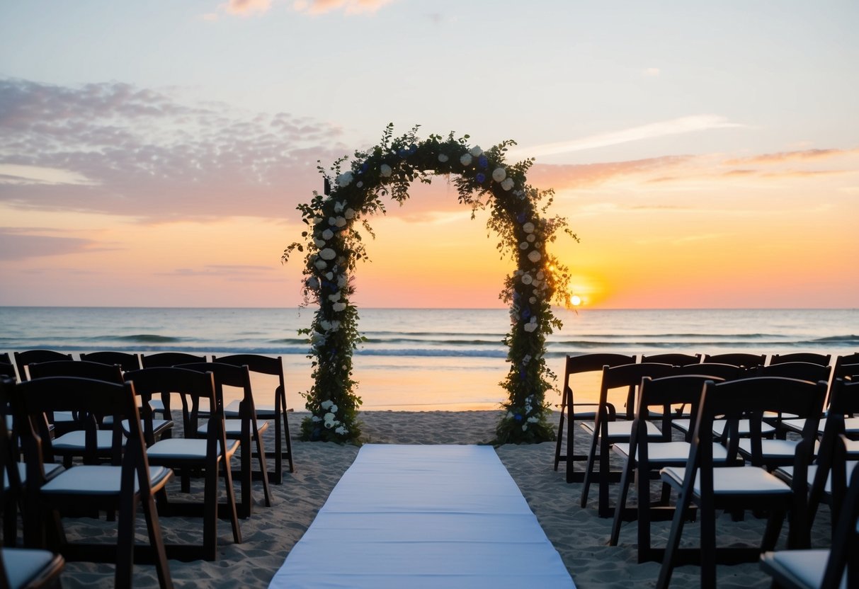 A serene beach at sunset, with an elegant arch and empty chairs set up for a wedding ceremony