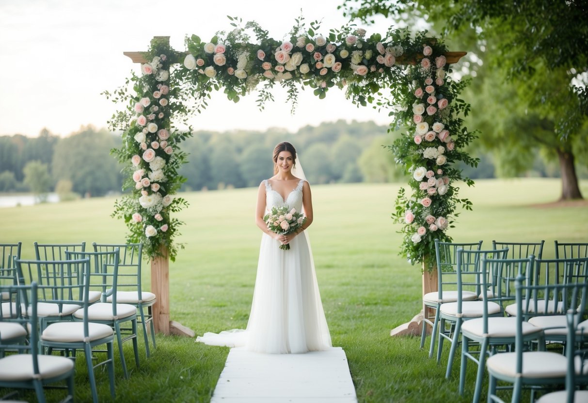 A solitary bride stands under a floral arch, surrounded by empty chairs and a serene outdoor setting
