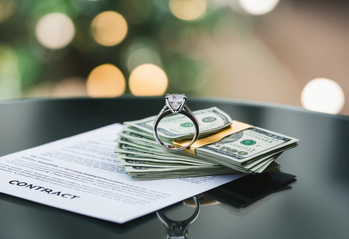 A wedding ring placed on a table with a stack of cash and a contract, symbolizing the financial aspects and benefits of a guest-less wedding