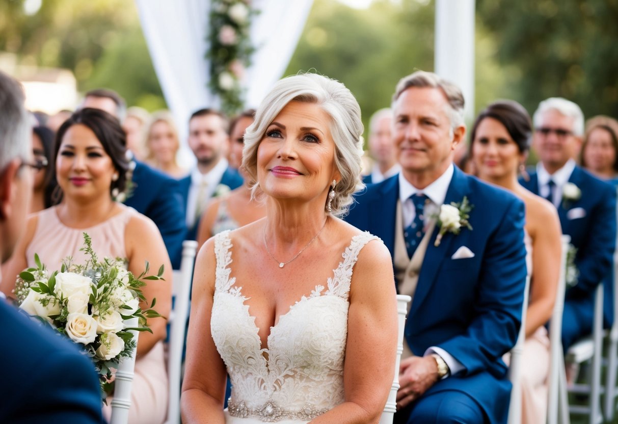 The mother of the bride sits on the aisle, watching the ceremony with a proud and emotional expression
