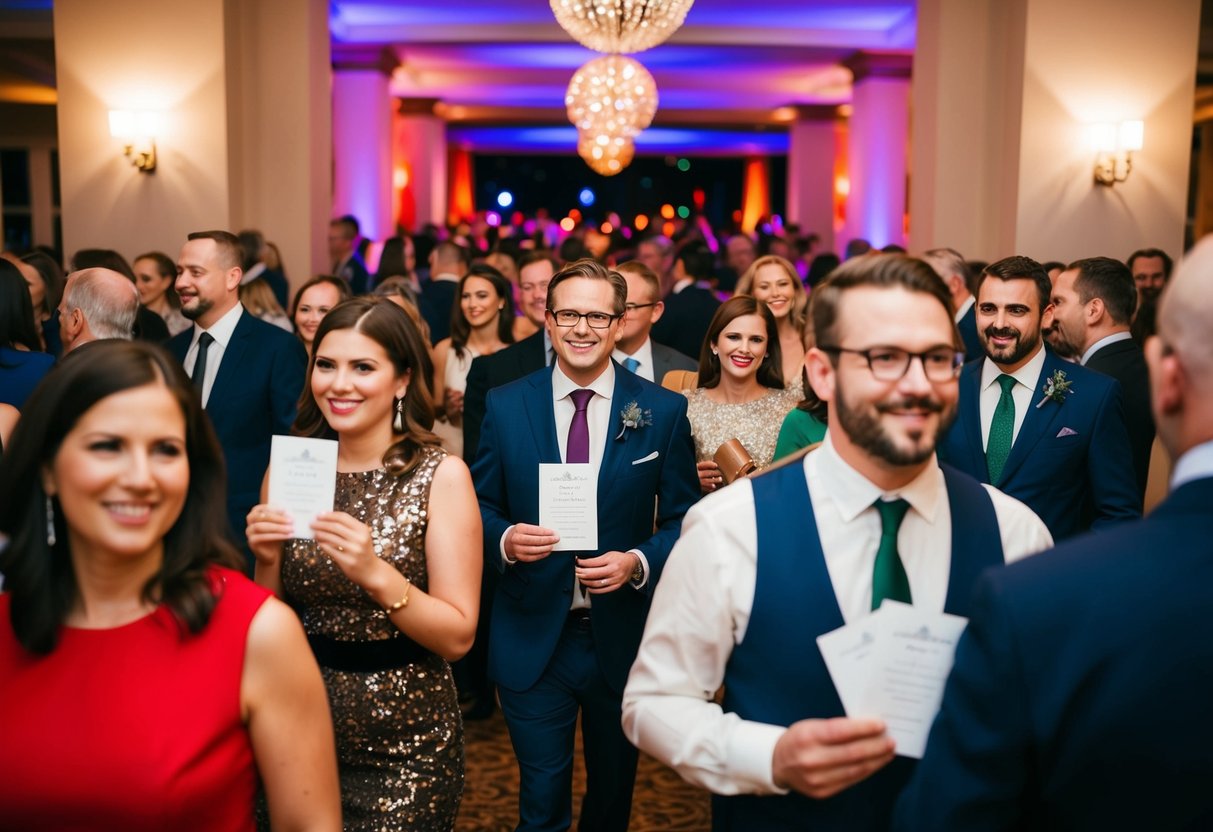 A crowd of people, some holding invitations, enters a festive party venue