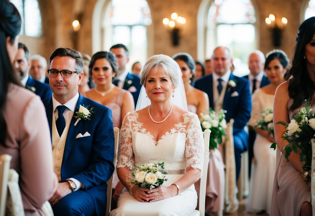 The mother of the bride sits in a designated aisle seat during the ceremonial procession