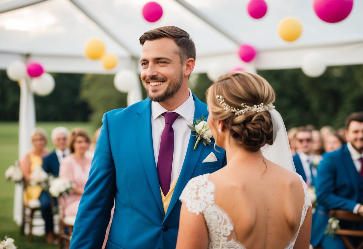 A guest wearing the wedding colors clashes with the decor and draws attention away from the couple