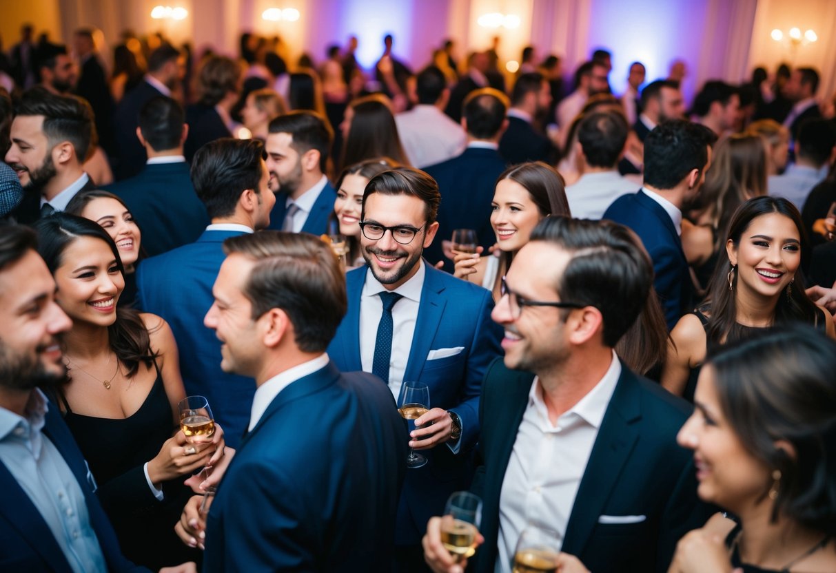 A crowded party with a mix of people socializing and enjoying themselves, indicating a high percentage of invited guests in attendance