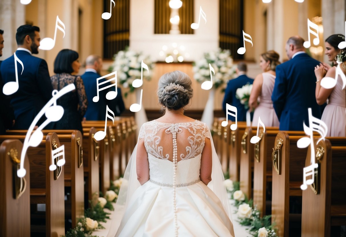 A mother of the bride sits on the aisle surrounded by musical notes and wedding symbols