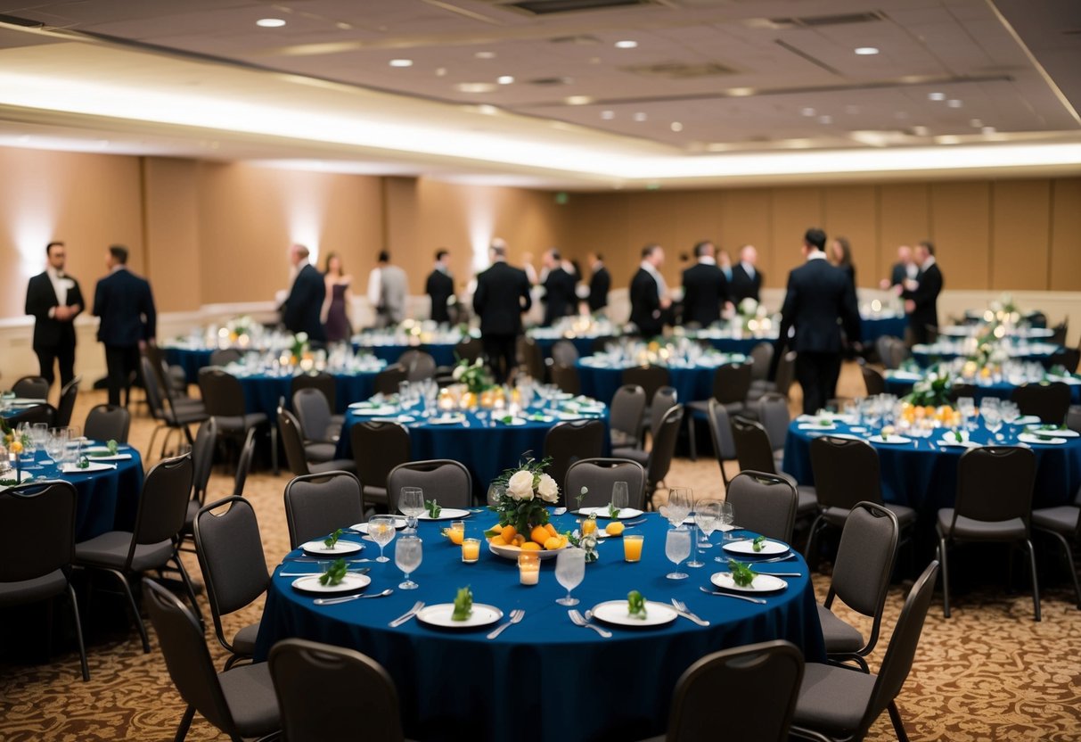 A banquet hall with rows of empty chairs and tables set with food and drinks. A few guests mingle in the background