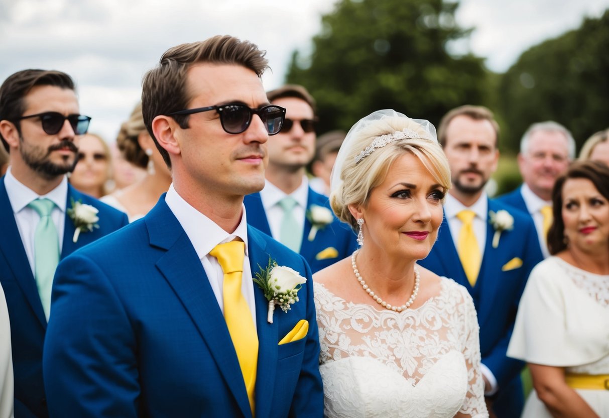 A wedding guest wearing the same colors as the bride or groom, causing raised eyebrows and whispers among other guests