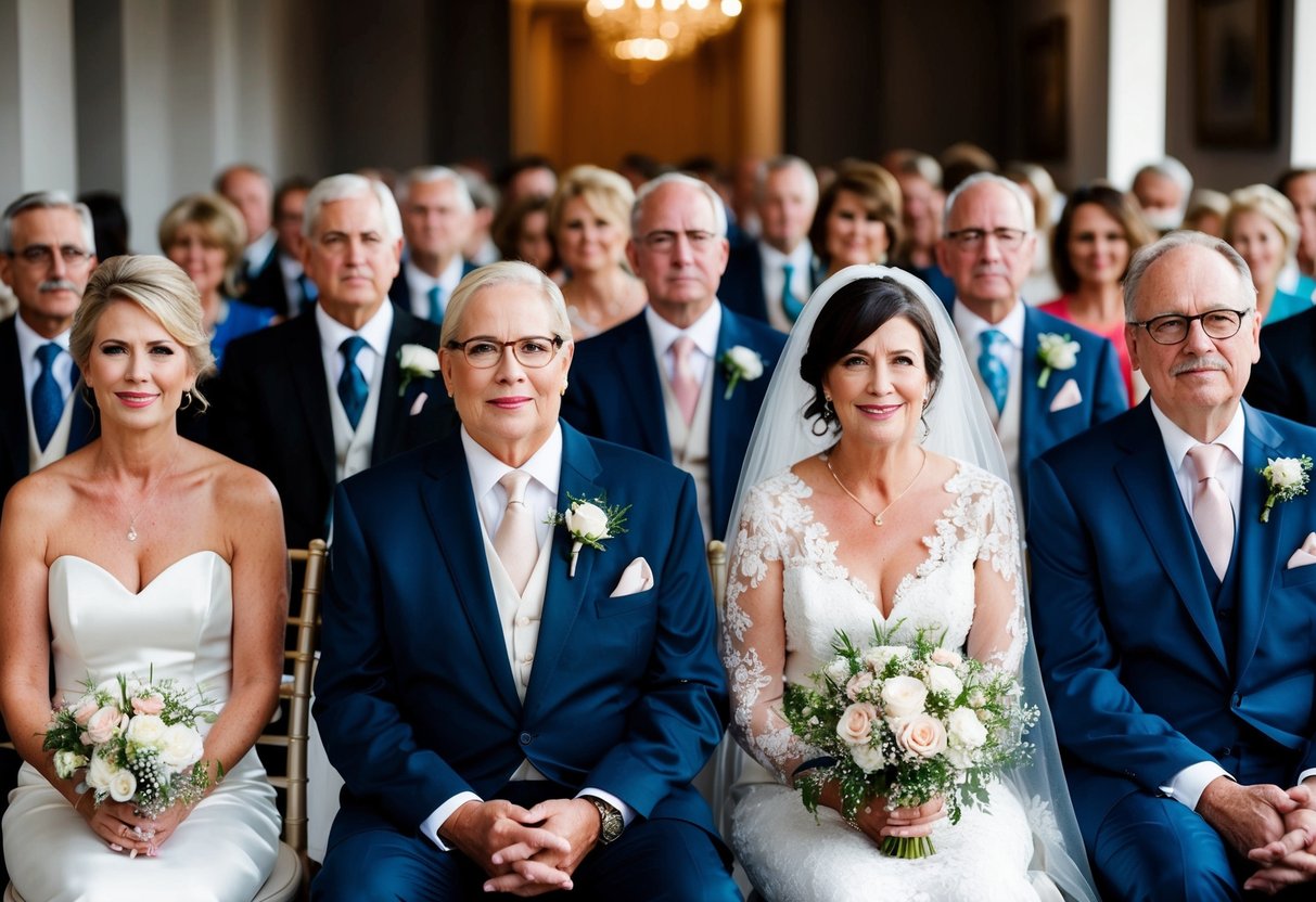 Bride's parents seated in the front row, flanked by close family members and honored guests