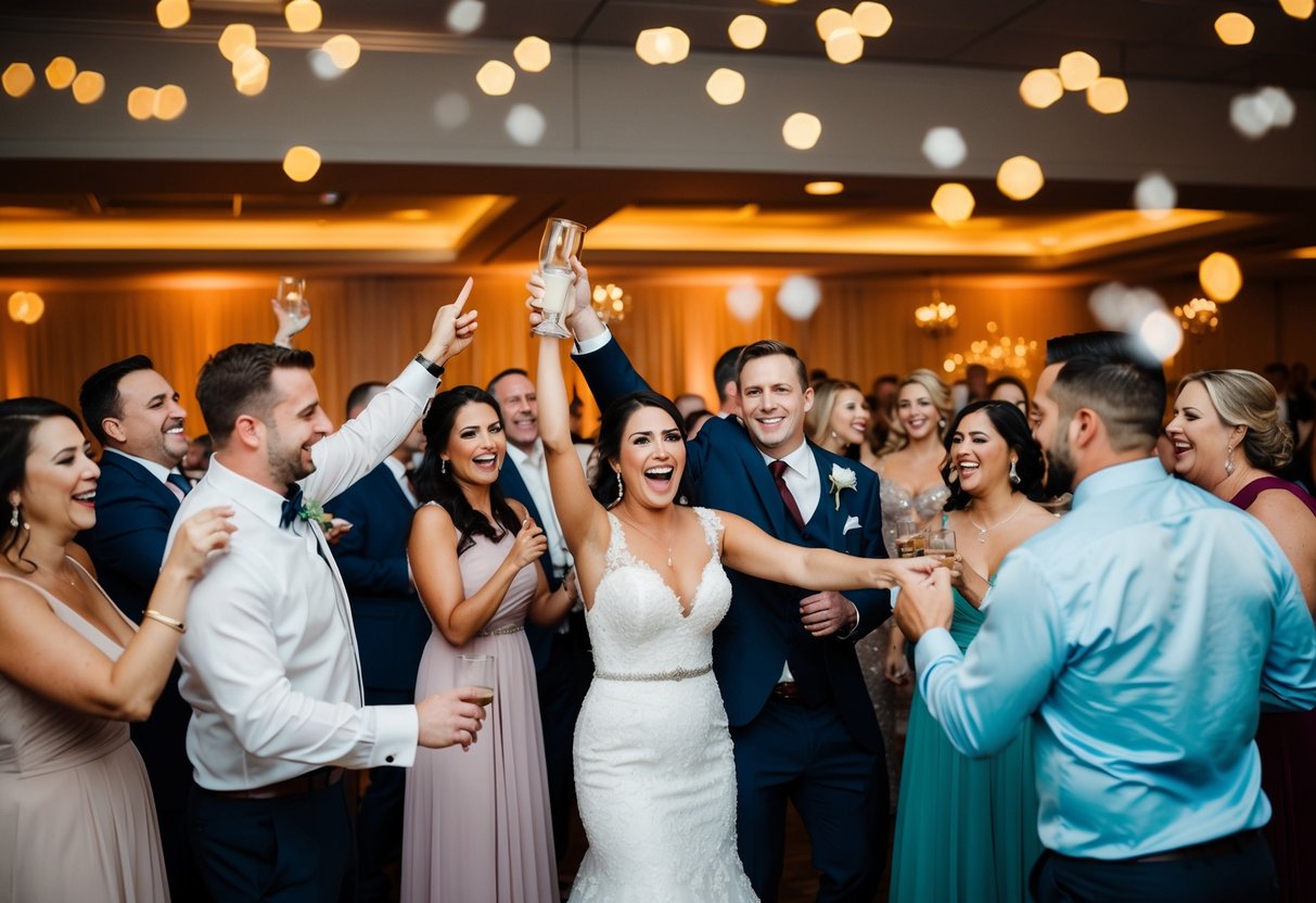 A wedding reception with 50 guests celebrating