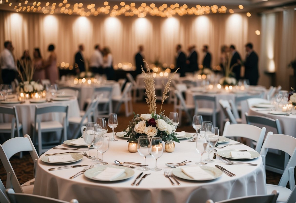 A table set for 50 guests with place settings and centerpieces