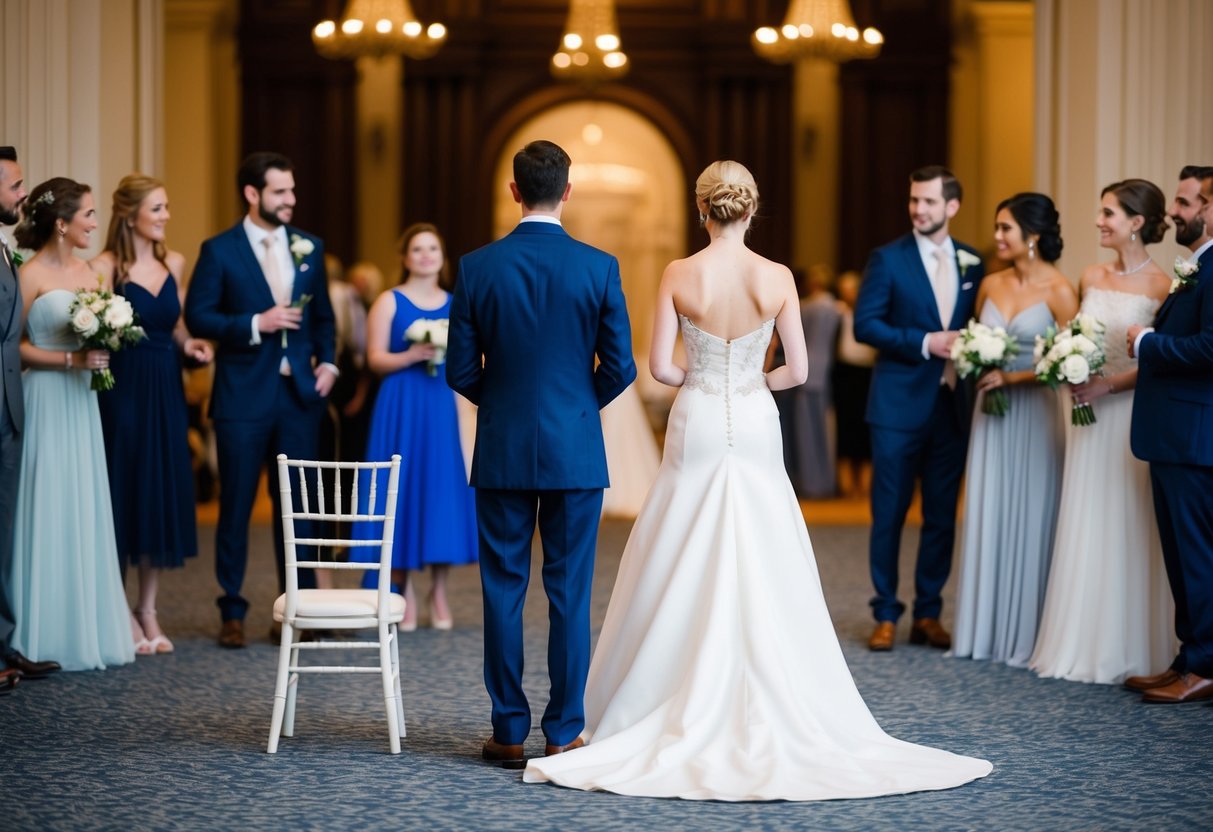 A solitary figure stands in a grand wedding venue, surrounded by couples and groups of friends. The empty chair beside them hints at their internal debate