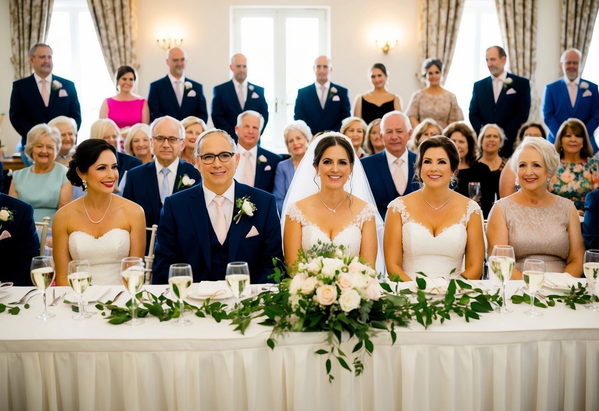 The bride's parents sit at the head table, flanked by close family members, while other relatives are dispersed among the guests