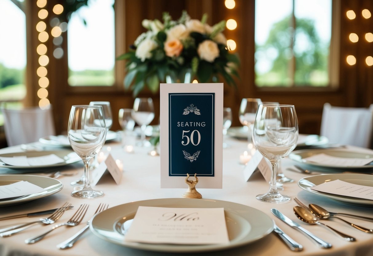 A table with 50 place settings and seating cards for a wedding