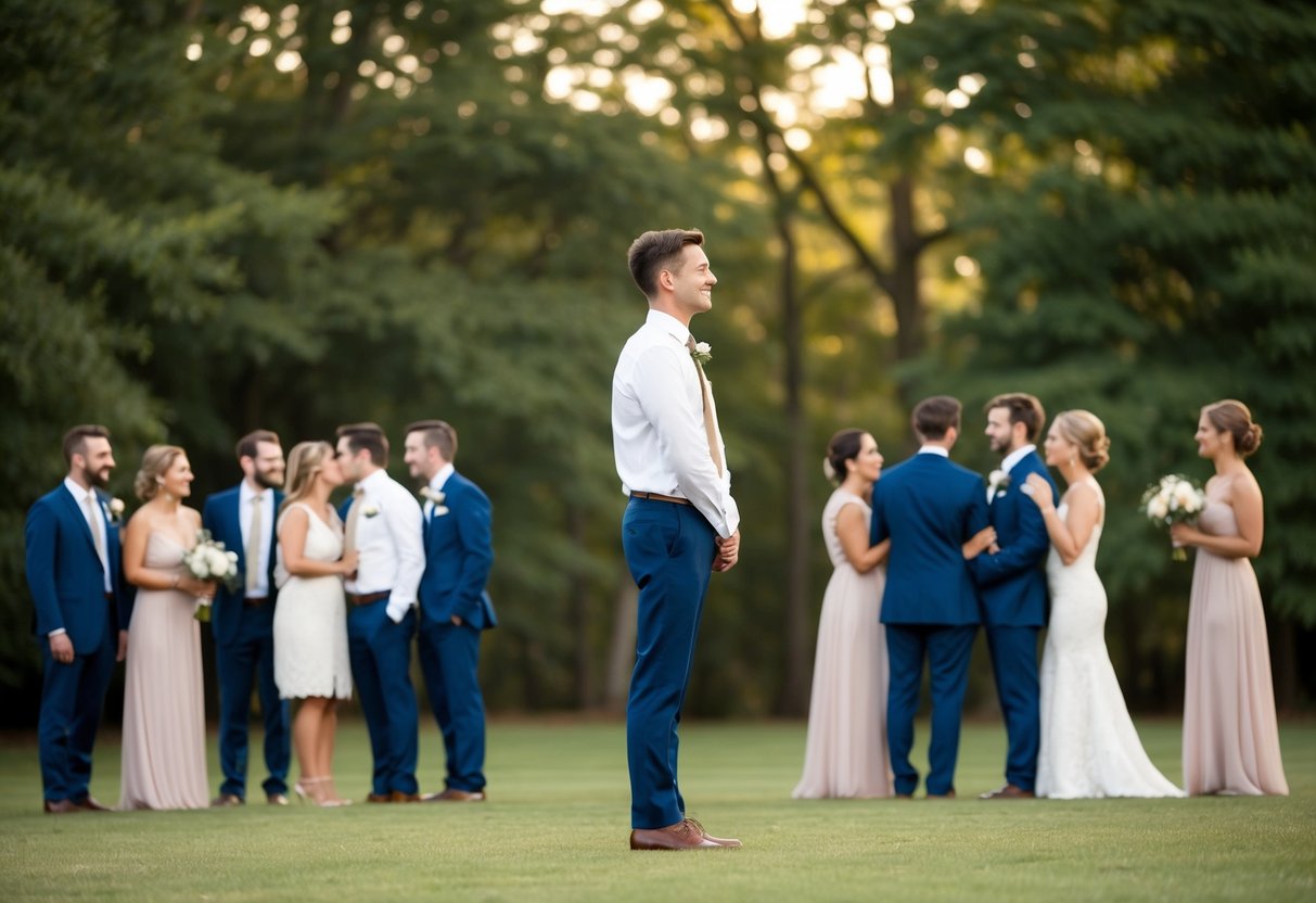 A person standing alone at a wedding, surrounded by couples and groups of friends