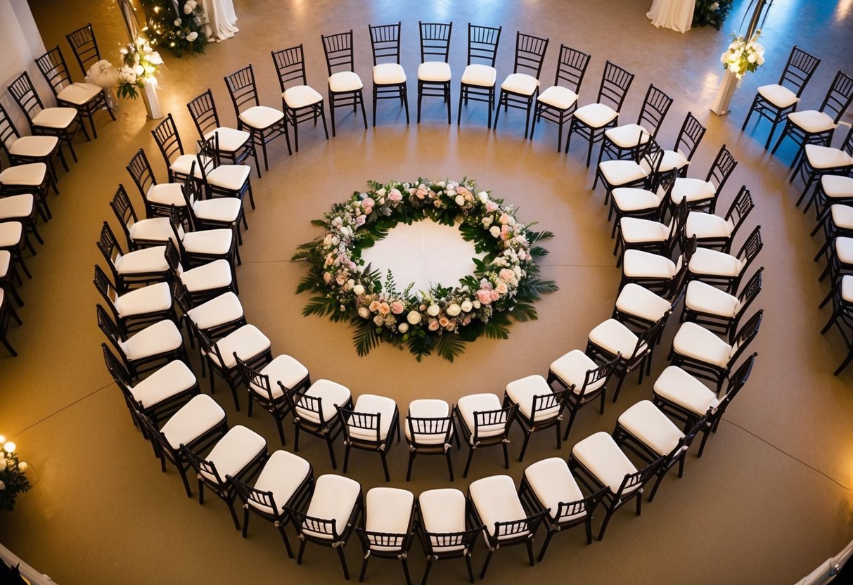 Circular arrangement of 50 chairs around a central space, adorned with floral centerpieces and soft lighting