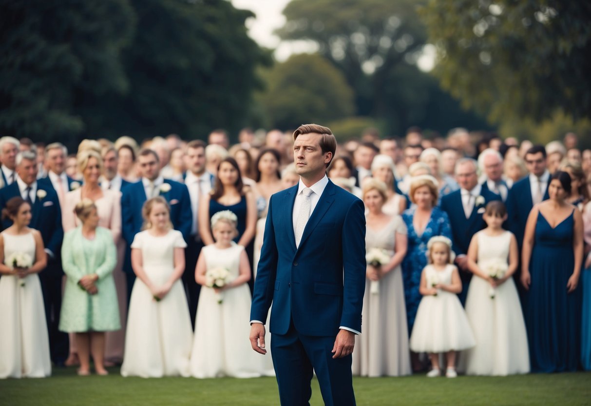 A single figure standing alone in a crowd of wedding guests, looking uncertain and slightly out of place