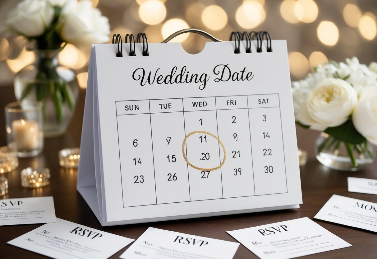 A calendar with a wedding date circled, surrounded by RSVP cards and a countdown of months