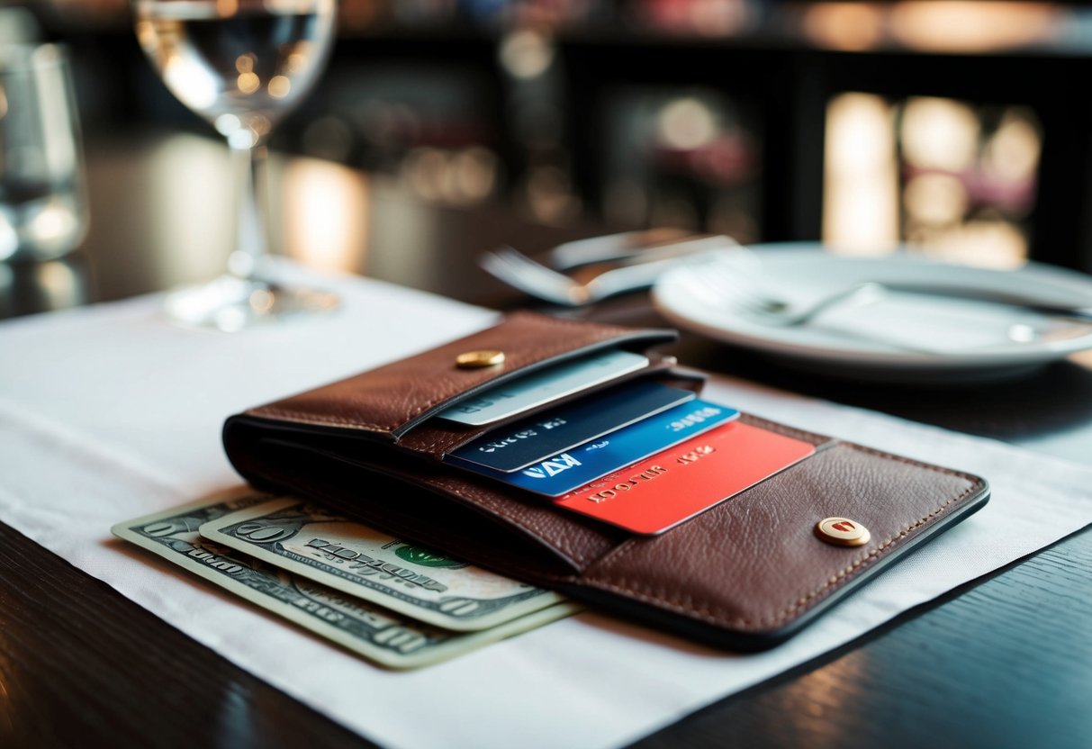 A wallet with two credit cards and cash on a restaurant table