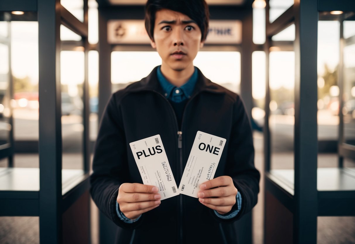 A person holding two tickets, one marked “plus one.” They are standing in front of a ticket booth with a questioning expression