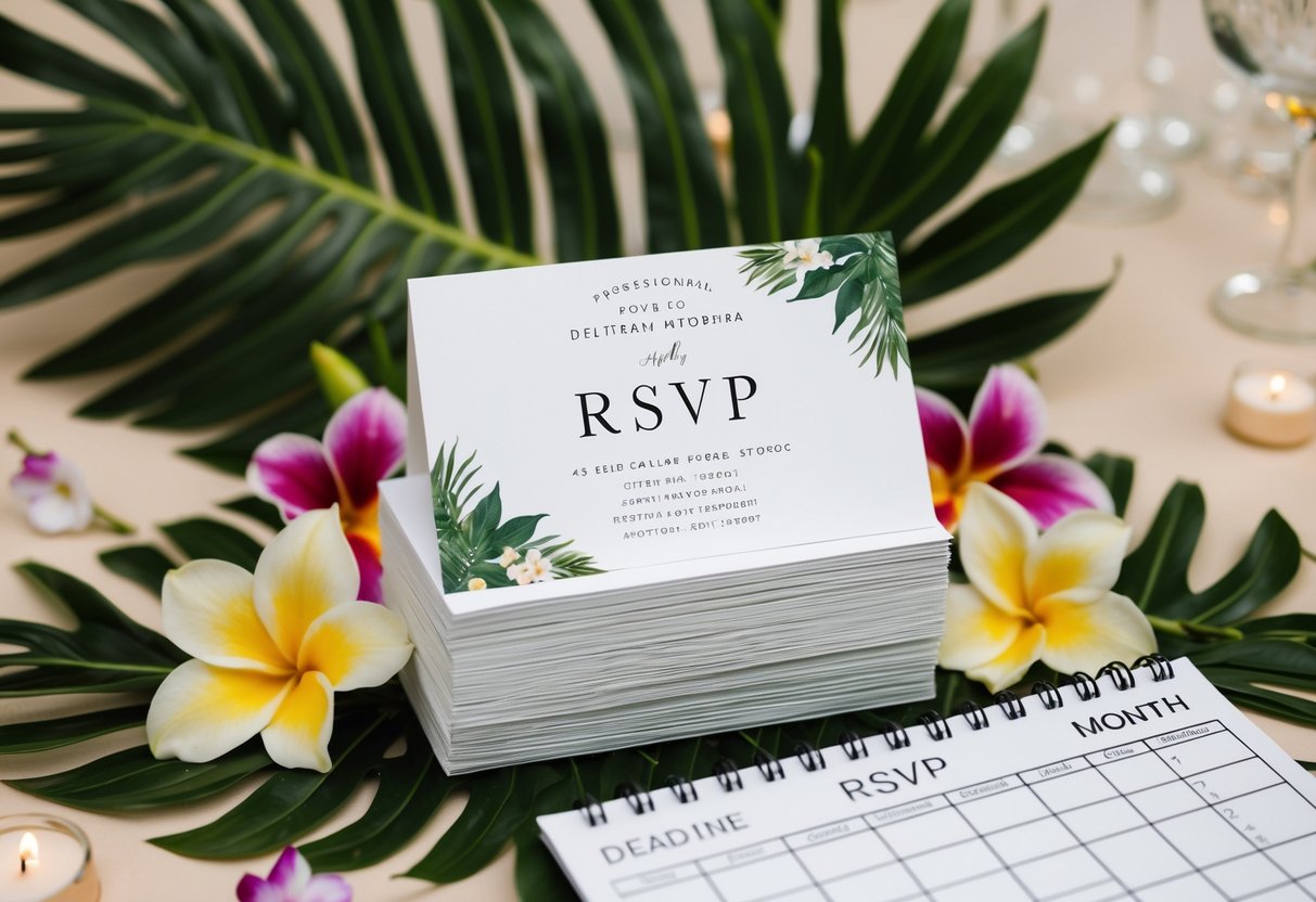 A stack of elegant RSVP cards with a destination wedding theme, surrounded by tropical flowers and a calendar showing the deadline month