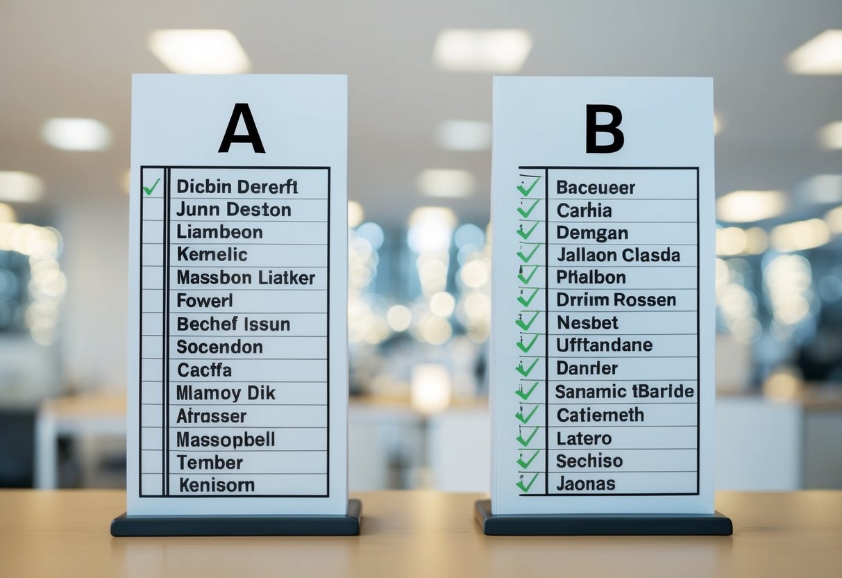 A table with two columns labeled "A" and "B," each with a list of names and check marks next to them