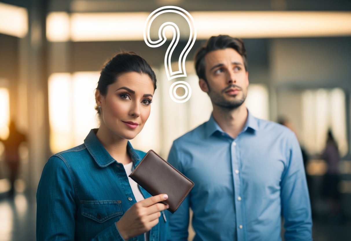A person holding a wallet, with a question mark above their head. Another person is standing next to them, looking expectantly