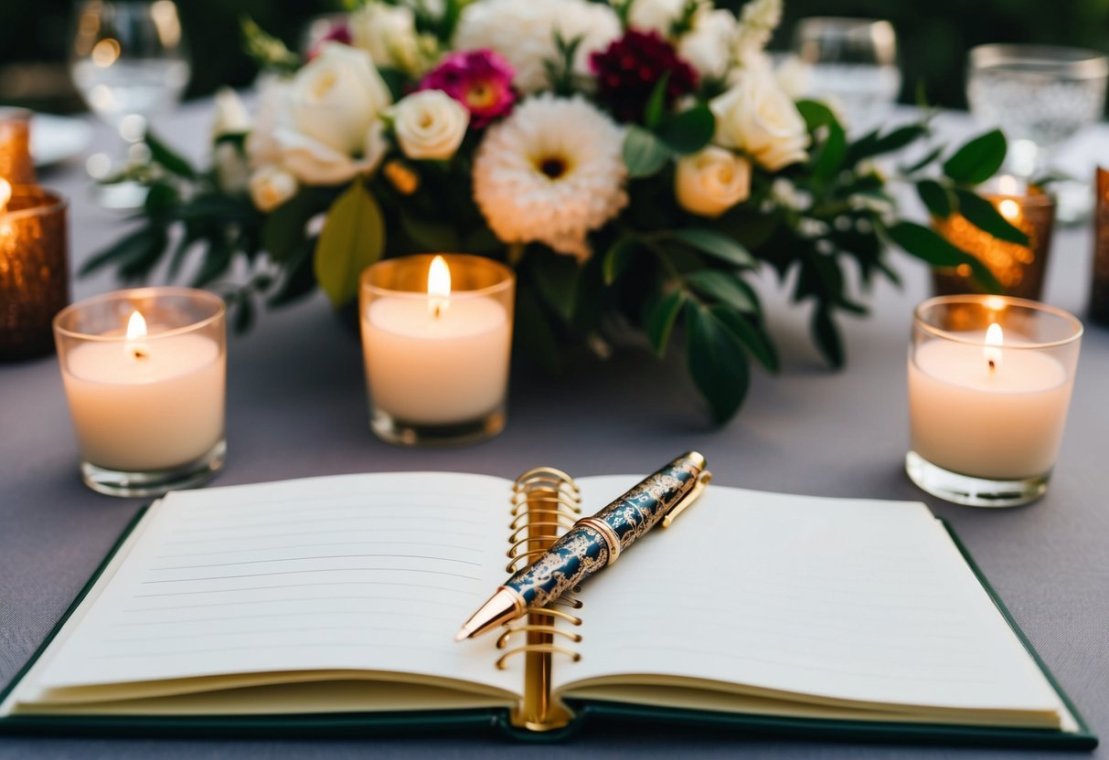 A table with a decorative pen and open guest book, surrounded by flowers and candles