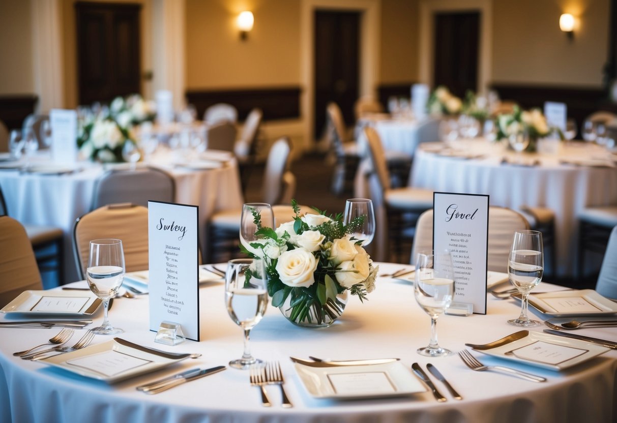 Tables arranged with place settings for a wedding, each with a designated seating card. Guest list displayed nearby for reference