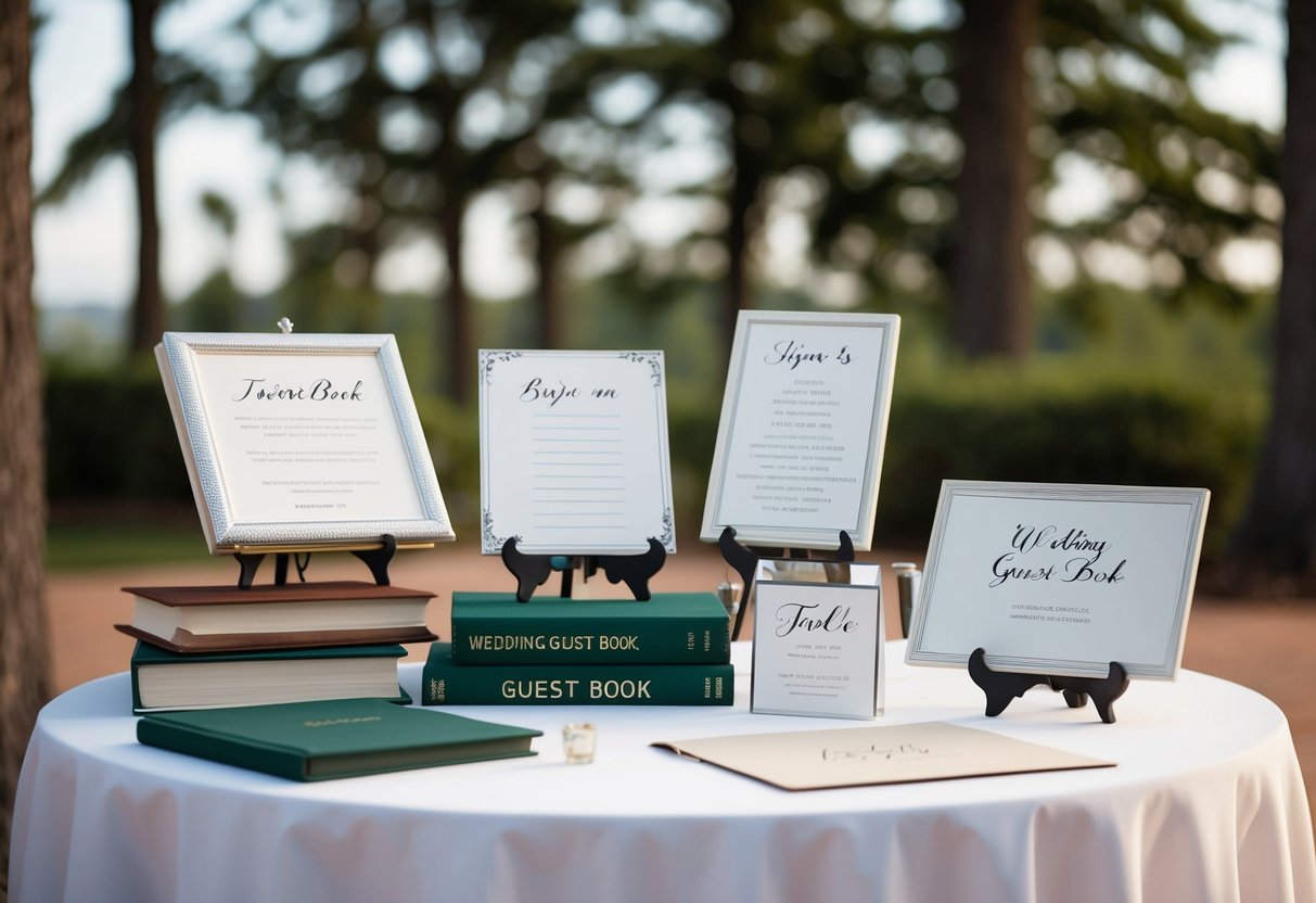 A table with various wedding guest book options displayed, including traditional books, alternative sign-in options, and personalized keepsakes