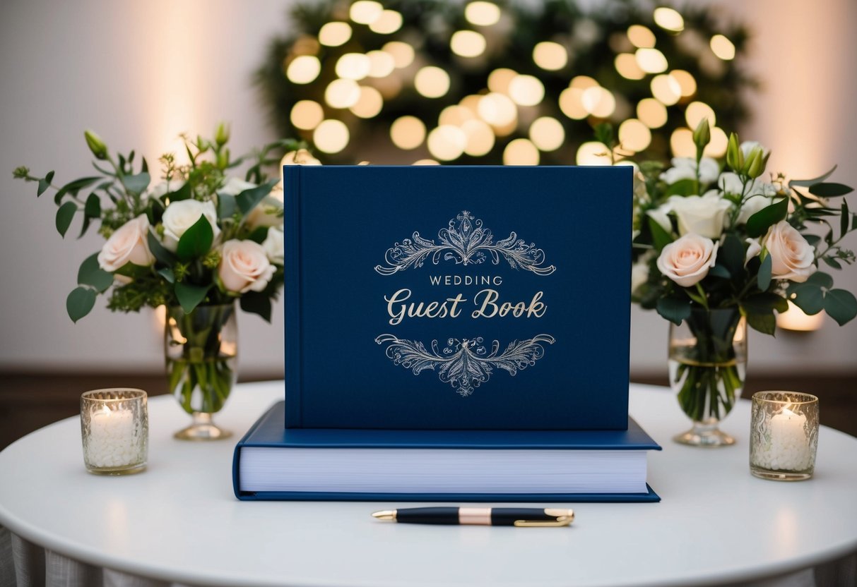 A wedding guest book displayed on a table with a pen, surrounded by floral arrangements and soft lighting